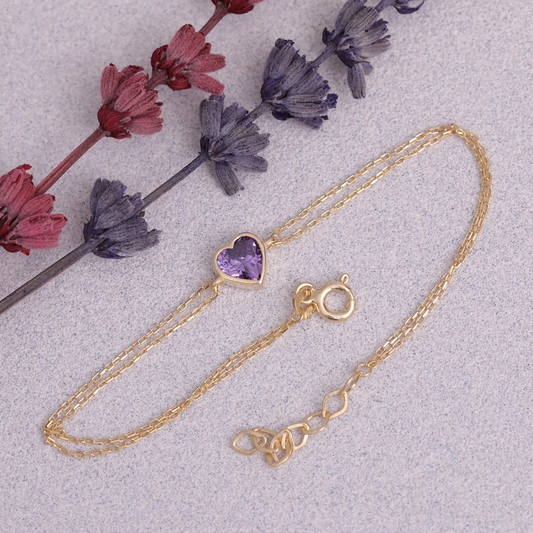 Heart Amethyst Bezel Bracelet in 10K/14K Solid Gold | February Birthstone