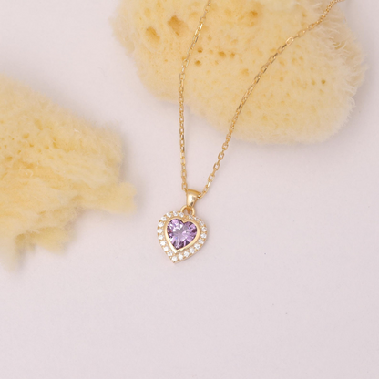 Amethyst Bezel Heart Necklace with Real Diamonds in 8K/10K/14K Solid Gold | February Birthstone Jewelry