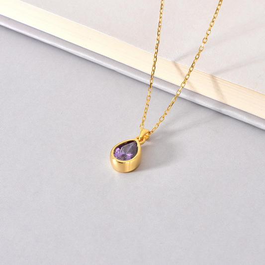 Amethyst Bezel Drop Necklace 10/14K Solid Gold, February Birthstone Jewelry