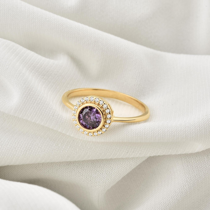 Amethyst Round Bezel Ring in 8K/10K/14K Solid Gold with Real Diamonds, February Birthstone Jewelry