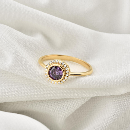 Amethyst Round Bezel Ring in 8K/10K/14K Solid Gold with Real Diamonds, February Birthstone Jewelry
