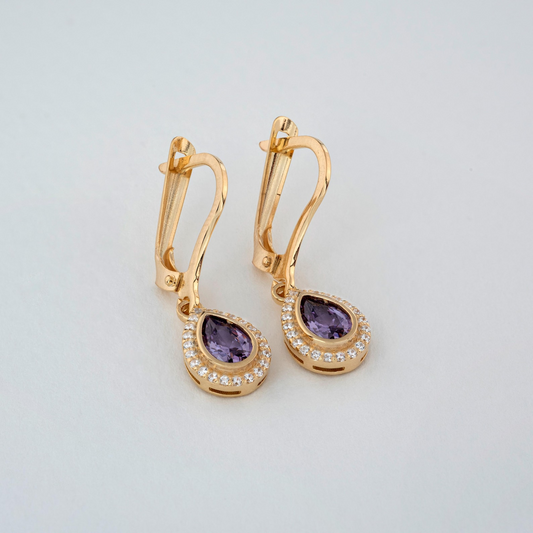 Amethyst Bezel Drop Dangle Earrings with Real Diamonds in 8K/10K/14K Solid Gold | February Birthstone Jewelry