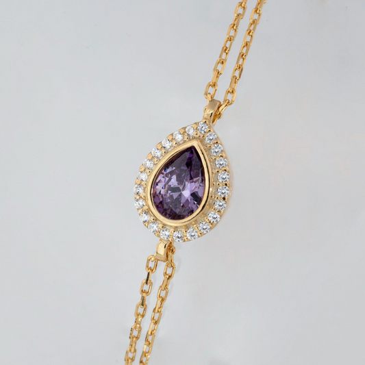 Amethyst Bezel Drop Bracelet with Real Diamonds in 8K/10K/14K Solid Gold | February Birthstone Jewelry