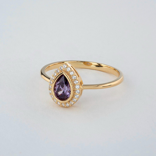 Amethyst Bezel Drop Ring with Real Diamonds in 8K/10K/14K Solid Gold | February Birthstone Jewelry