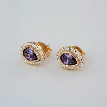 Amethyst Bezel Drop Stud Earrings with Real Diamonds in 8K/10K/14K Solid Gold | February Birthstone Jewelry