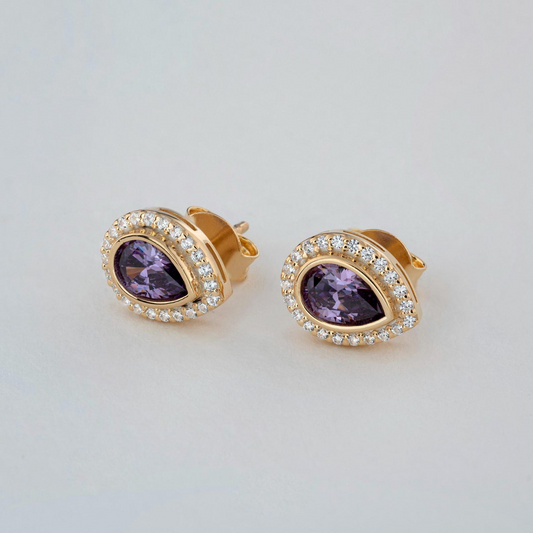 Amethyst Bezel Drop Stud Earrings with Real Diamonds in 8K/10K/14K Solid Gold | February Birthstone Jewelry