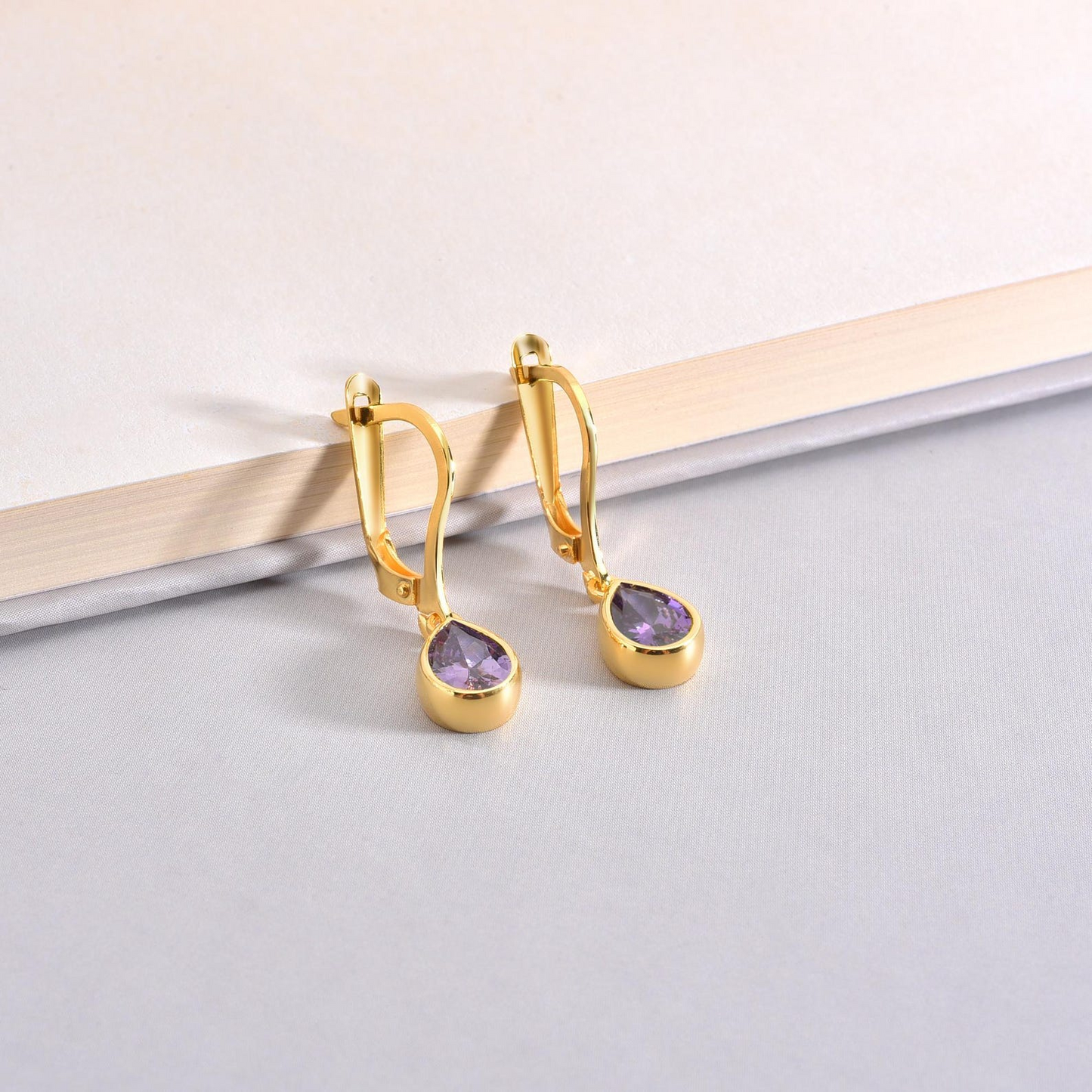 Amethyst Bezel Dangle Drop Earrings in 8K/10K/14K Solid Gold, February December Birthstone Jewelry