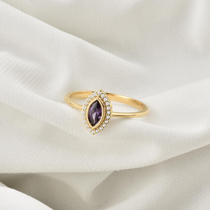Amethyst Bezel Marquise Ring with Real Diamonds in 8K/10K/14K Solid Gold | February Birthstone Jewelry