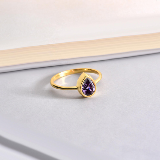 Amethyst Drop Bezel Ring 8K/10K/14K Solid Gold, February Birthstone Jewelry