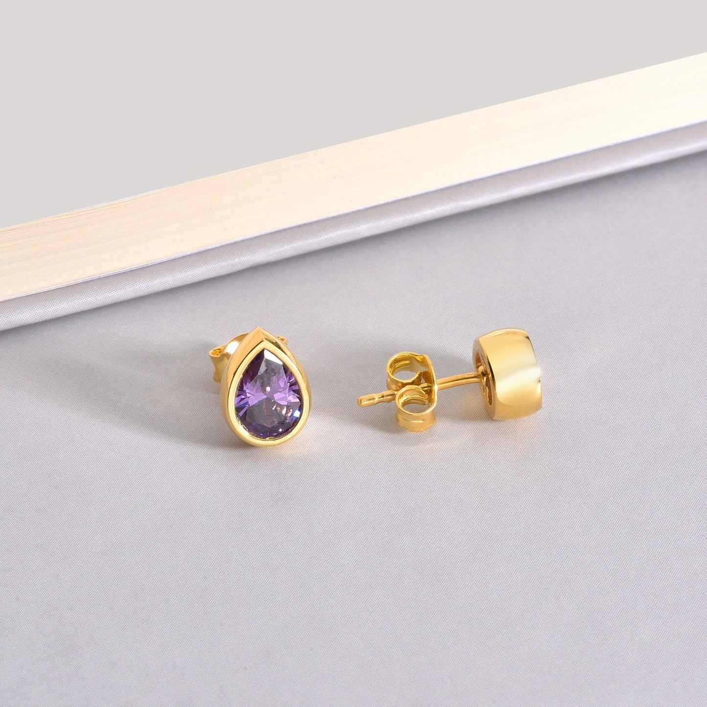 Amethyst Drop Bezel Stud Earrings in 10K/14K Solid Gold, February Birthstone Jewelry