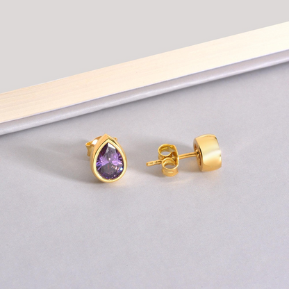 Amethyst Drop Bezel Stud Earrings in 10K/14K Solid Gold, February Birthstone Jewelry