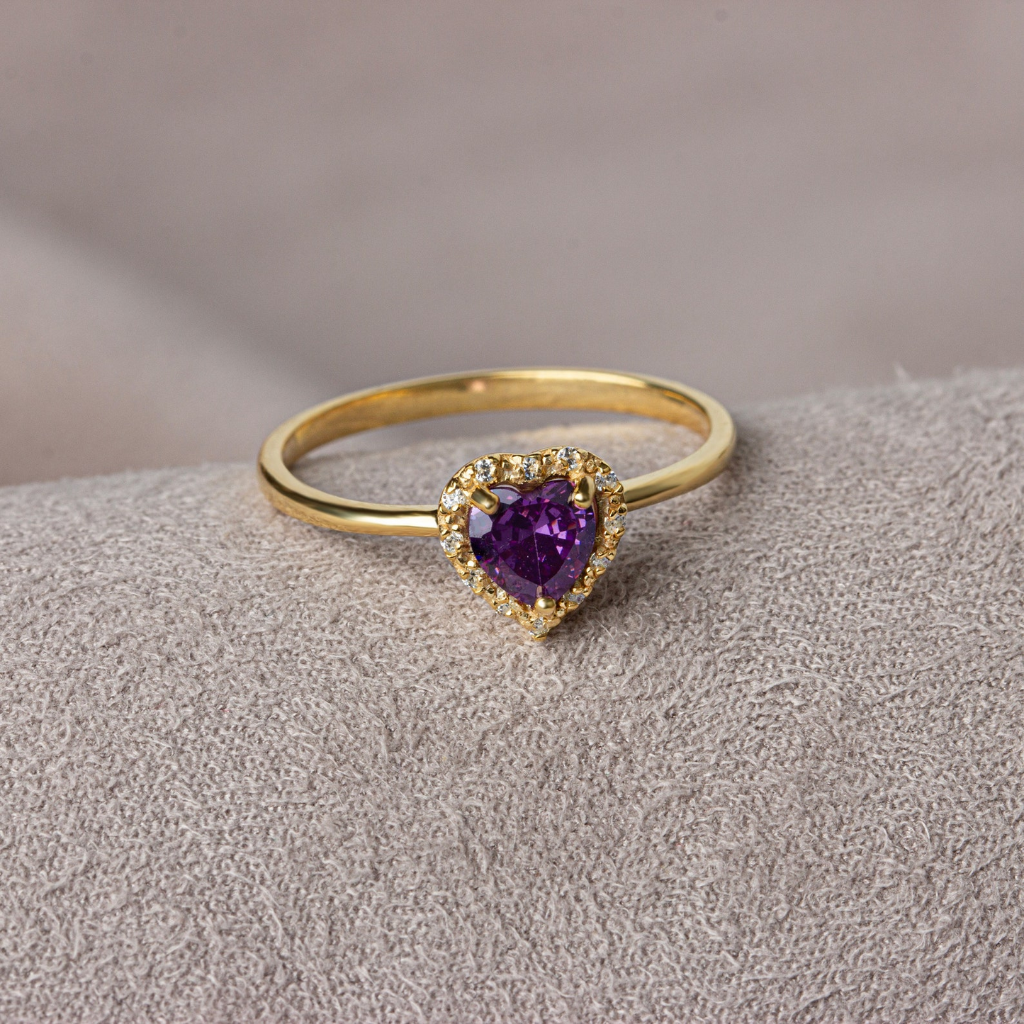 Amethyst Bezel Heart Ring with Real Diamonds Halo in 8K/10K/14K Solid Gold | February Birthstone Jewelry