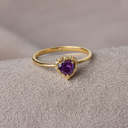 Amethyst Bezel Heart Ring with Real Diamonds Halo in 8K/10K/14K Solid Gold | February Birthstone Jewelry