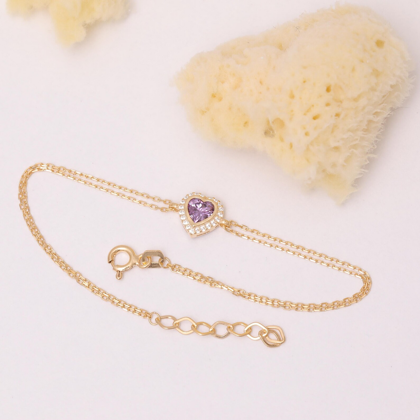 Amethyst Bezel Heart Bracelet with Real Diamonds in 8K/10K/14K Solid Gold | February Birthstone Jewelry