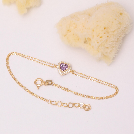 Amethyst Bezel Heart Bracelet with Real Diamonds in 8K/10K/14K Solid Gold | February Birthstone Jewelry