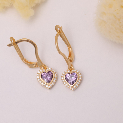 Amethyst Bezel Heart Dangle Earrings with Real Diamonds in 8K/10K/14K Solid Gold | February Birthstone Jewelry
