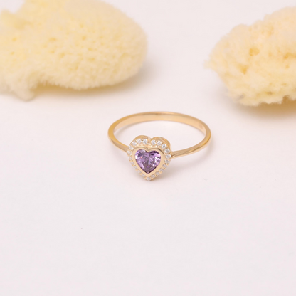 Amethyst Bezel Heart Ring with Real Diamonds in 8K/10K/14K Solid Gold | February Birthstone Jewelry