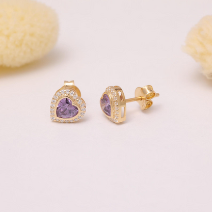 Amethyst Bezel Heart Stud Earrings with Real Diamonds in 10K/14K Solid Gold | February Birthstone Jewelry