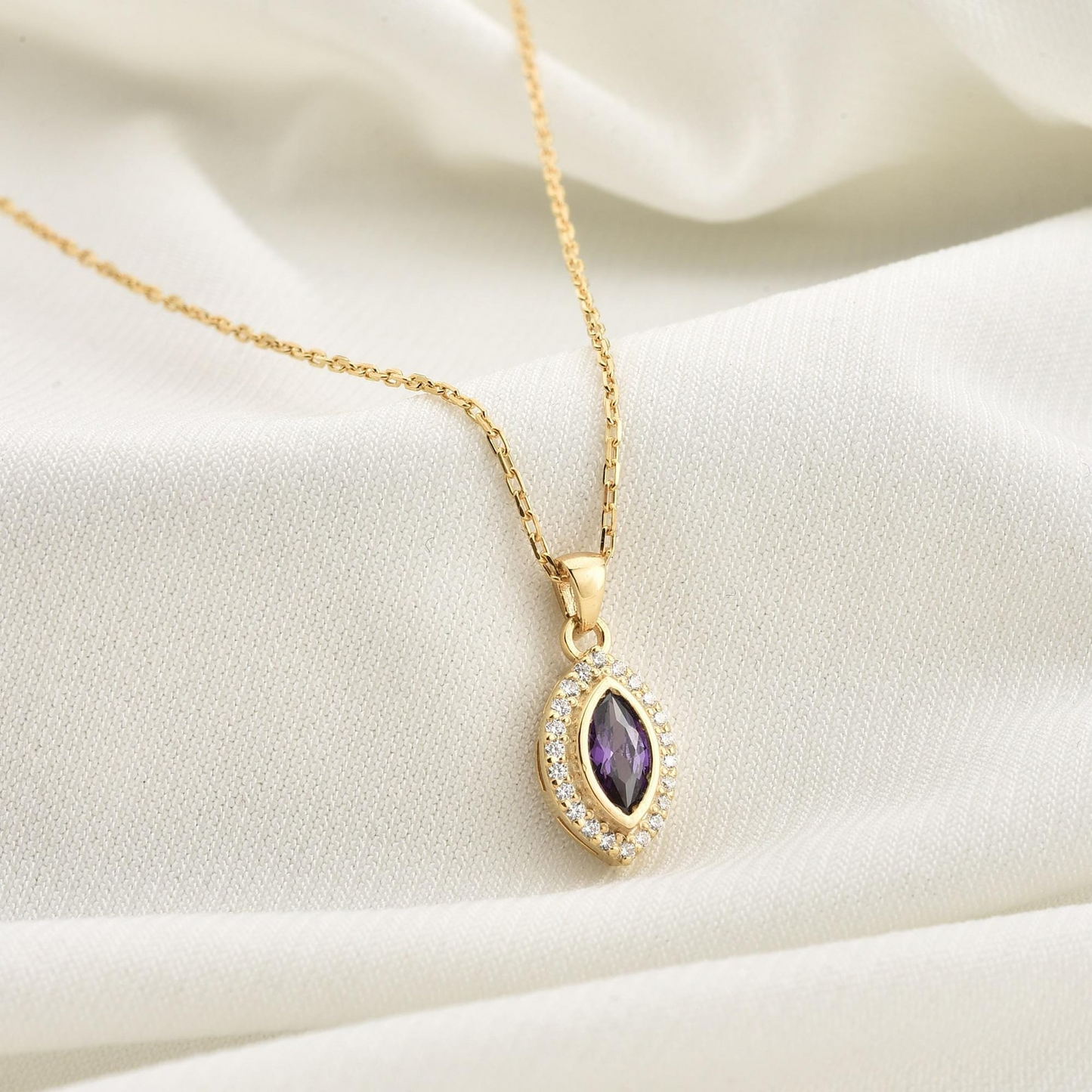 Amethyst Bezel Marquise Necklace with Real Diamonds in 8K/10K/14K Solid Gold | February Birthstone Jewelry