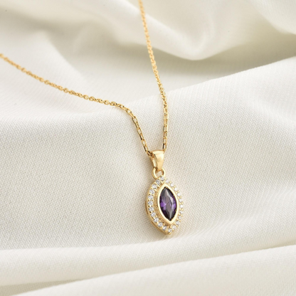 Amethyst Bezel Marquise Necklace with Real Diamonds in 8K/10K/14K Solid Gold | February Birthstone Jewelry