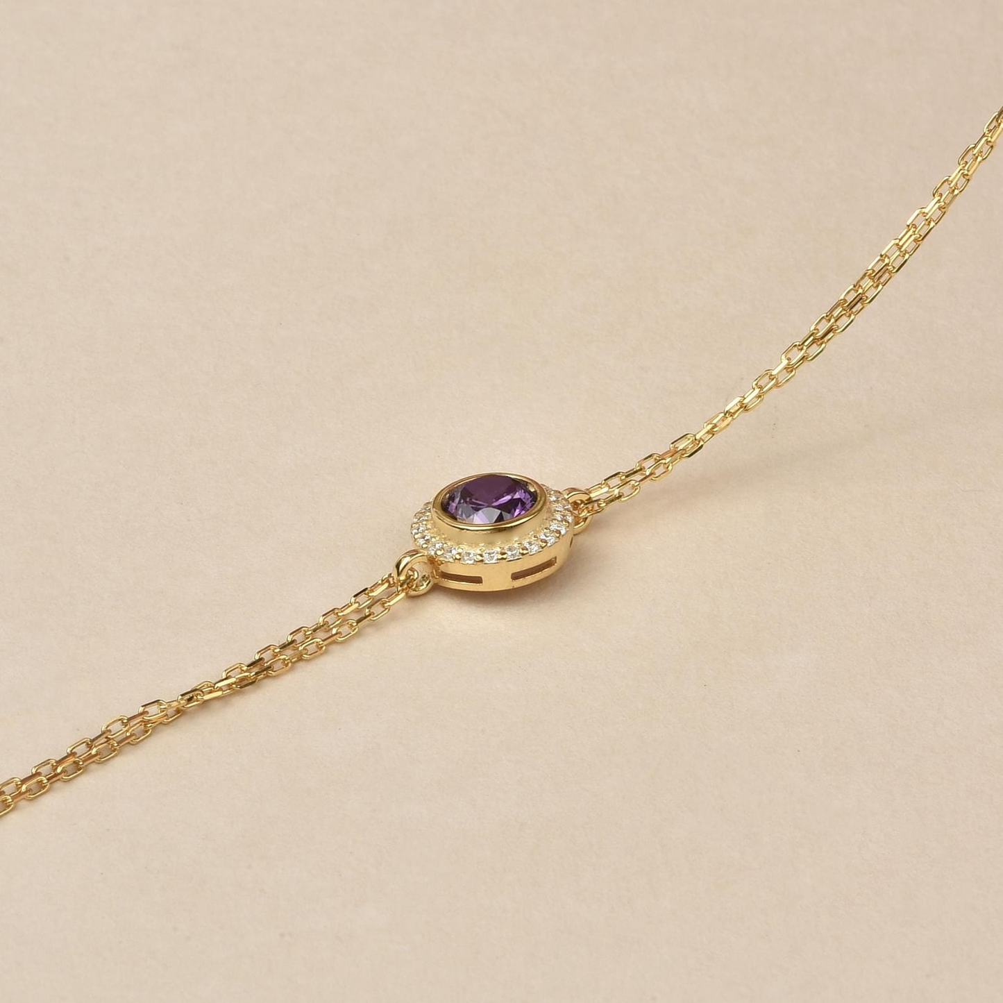 Amethyst Round Bezel Bracelet in 8K/10K/14K Solid Gold with Real Diamonds, February Birthstone Jewelry