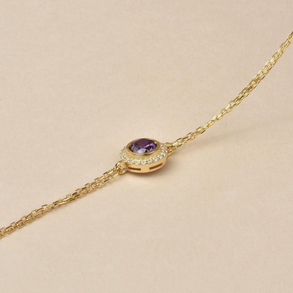 Amethyst Round Bezel Bracelet in 8K/10K/14K Solid Gold with Real Diamonds, February Birthstone Jewelry