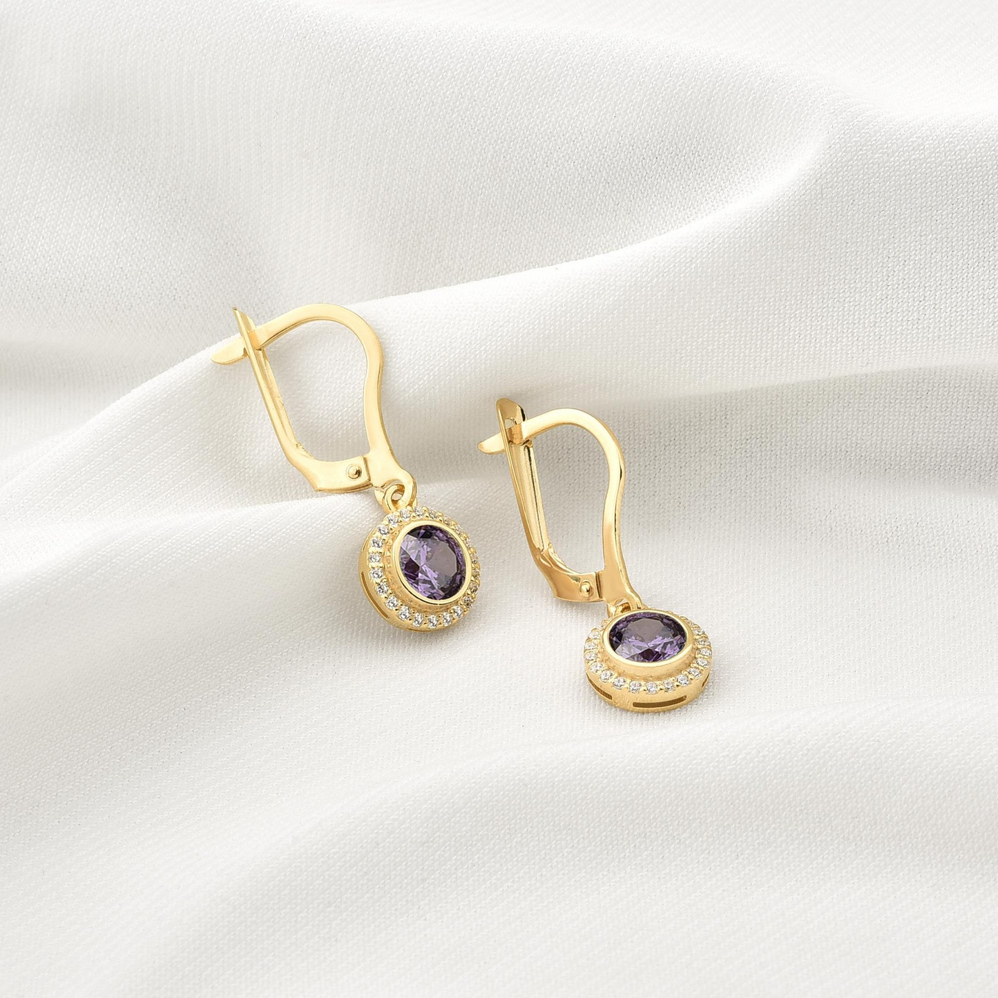 Amethyst Round Bezel Dangle Earrings in 8K/10K/14K Solid Gold with Real Diamonds, February Birthstone Jewelry