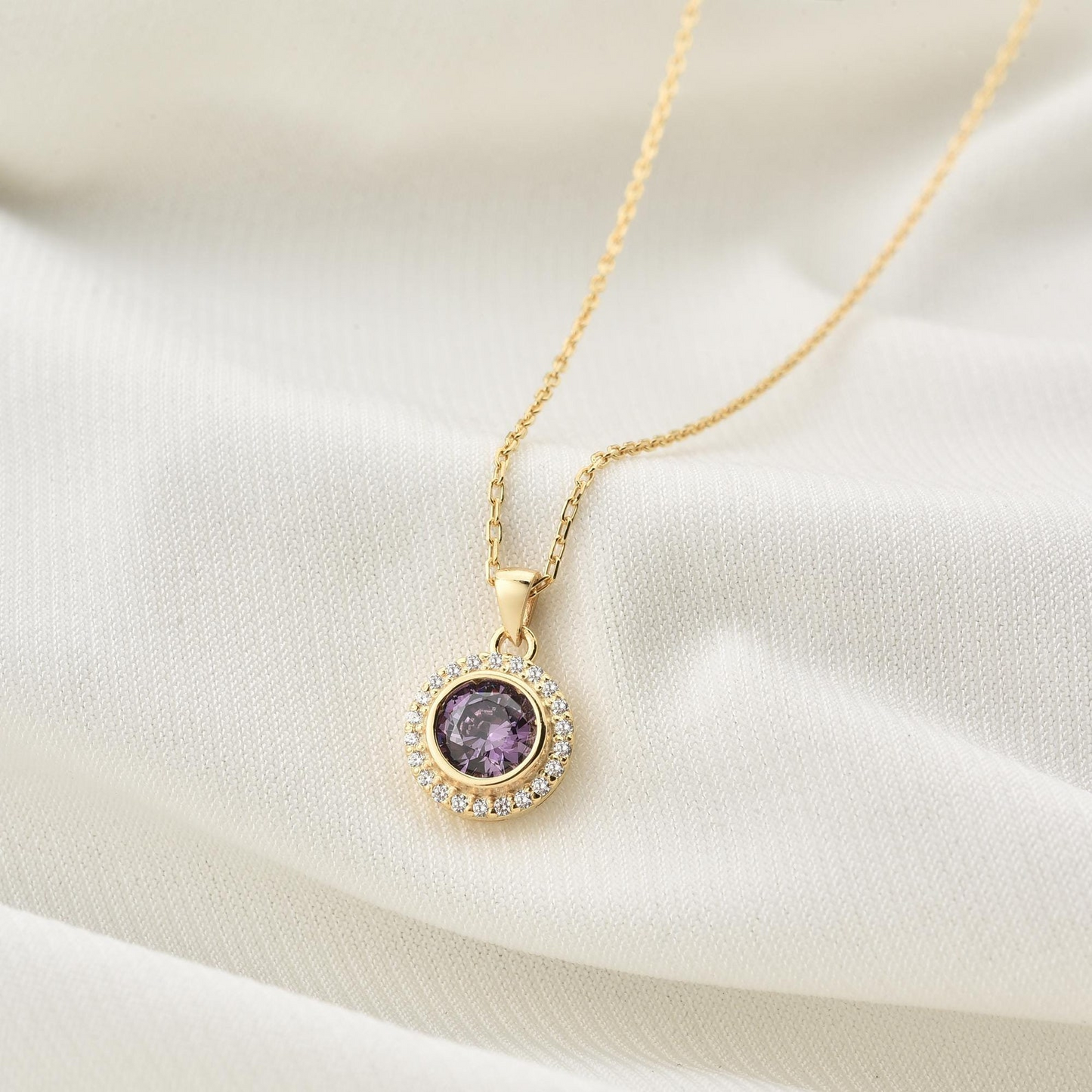 Amethyst Round Bezel Necklace in 8K/10K/14K Solid Gold with Real Diamonds, February Birthstone Jewelry