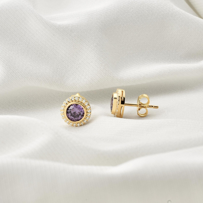 Amethyst Round Bezel Stud Earrings in 8K/10K/14K Solid Gold with Real Diamonds, February Birthstone Jewelry