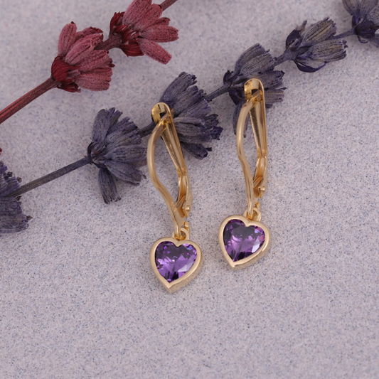 Amethyst Heart Cut Bezel Dangle Earrings 14K Solid Gold, February Birthstone Jewelry