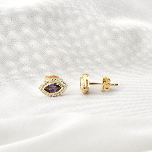Amethyst Bezel Marquise Stud Earrings with Real Diamonds in 8K/10K/14K Solid Gold | February Birthstone Jewelry