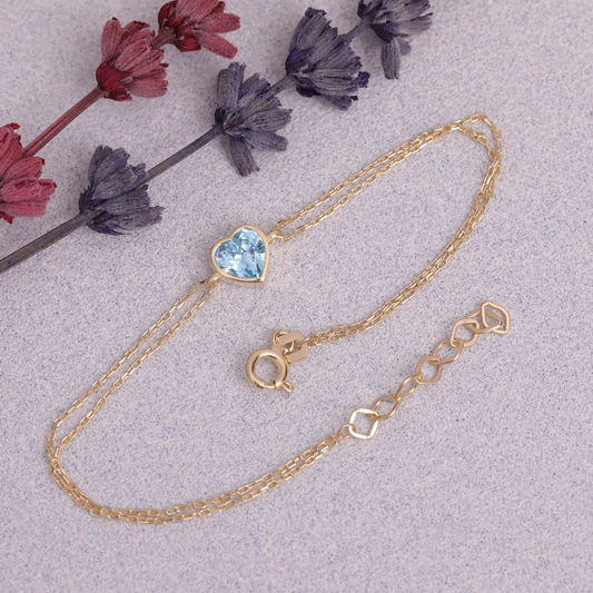 Heart Aquamarine Bezel Bracelet in 10K/14K Solid Gold | March Jewelry