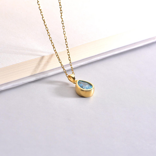 Aquamarine Bezel Drop Necklace 10K/14K Solid Gold, March Birthstone Jewelry