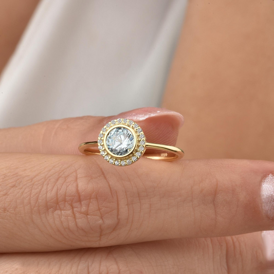 Aquamarine Round Bezel Ring in 8K/10K/14K Solid Gold with Real Diamonds, March Birthstone Jewelry