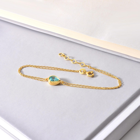 Aquamarine Drop Bezel Bracelet in 10K/14K Solid Gold, March Birthstone Jewelry