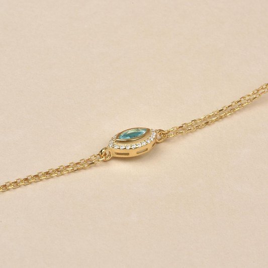 Aquamarine Bezel Marquise Bracelet with Real Diamonds in 8K/10K/14K Solid Gold | March Birthstone Jewelry