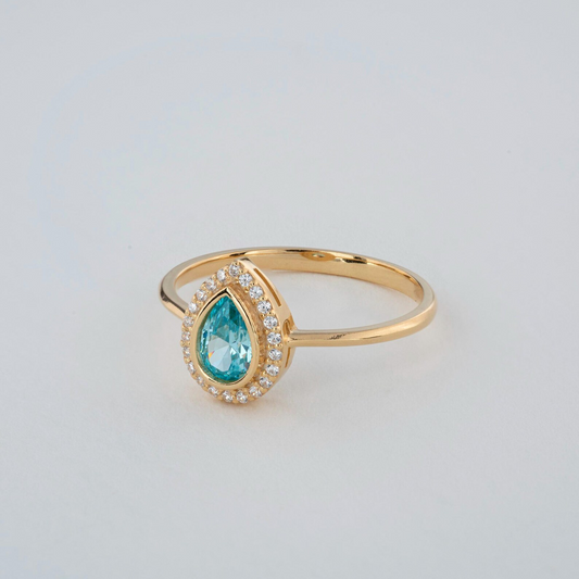Aquamarine Bezel Drop Ring with Real Diamonds in 8K/10K/14K Solid Gold | March Birthstone Jewelry