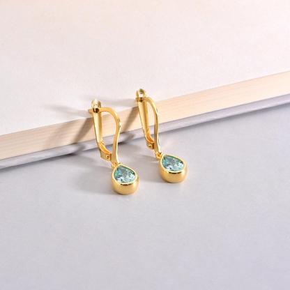 Aquamarine Bezel Dangle Drop Earrings in 8K/10K/14K Solid Gold, March Birthstone Jewelry