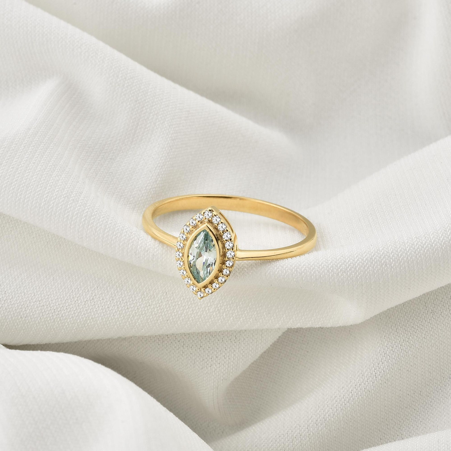 Aquamarine Bezel Marquise Ring with Real Diamonds in 8K/10K/14K Solid Gold | March Birthstone Jewelry