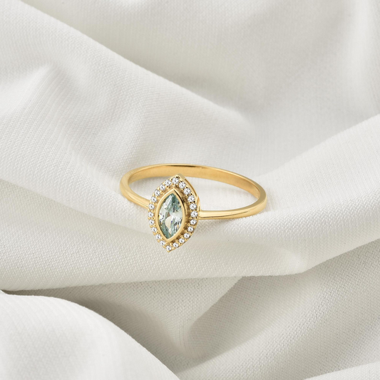 Aquamarine Bezel Marquise Ring with Real Diamonds in 8K/10K/14K Solid Gold | March Birthstone Jewelry