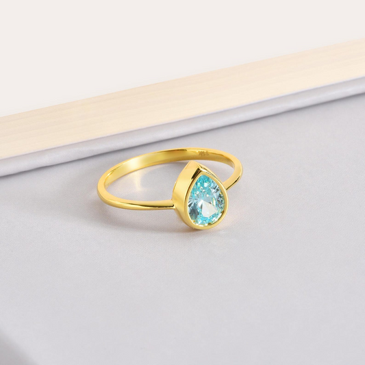 Aquamarine Drop Bezel Ring 8K/10K/14K Solid Gold, March Birthstone Jewelry