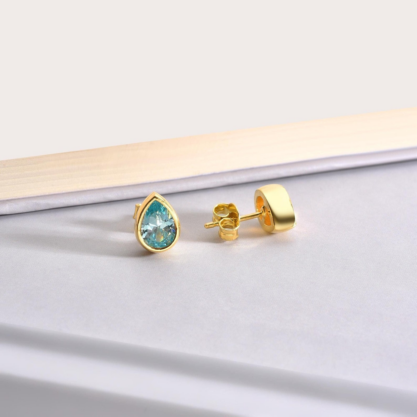 Aquamarine Drop Bezel Stud Earrings in 10K/14K Solid Gold, March Birthstone Jewelry