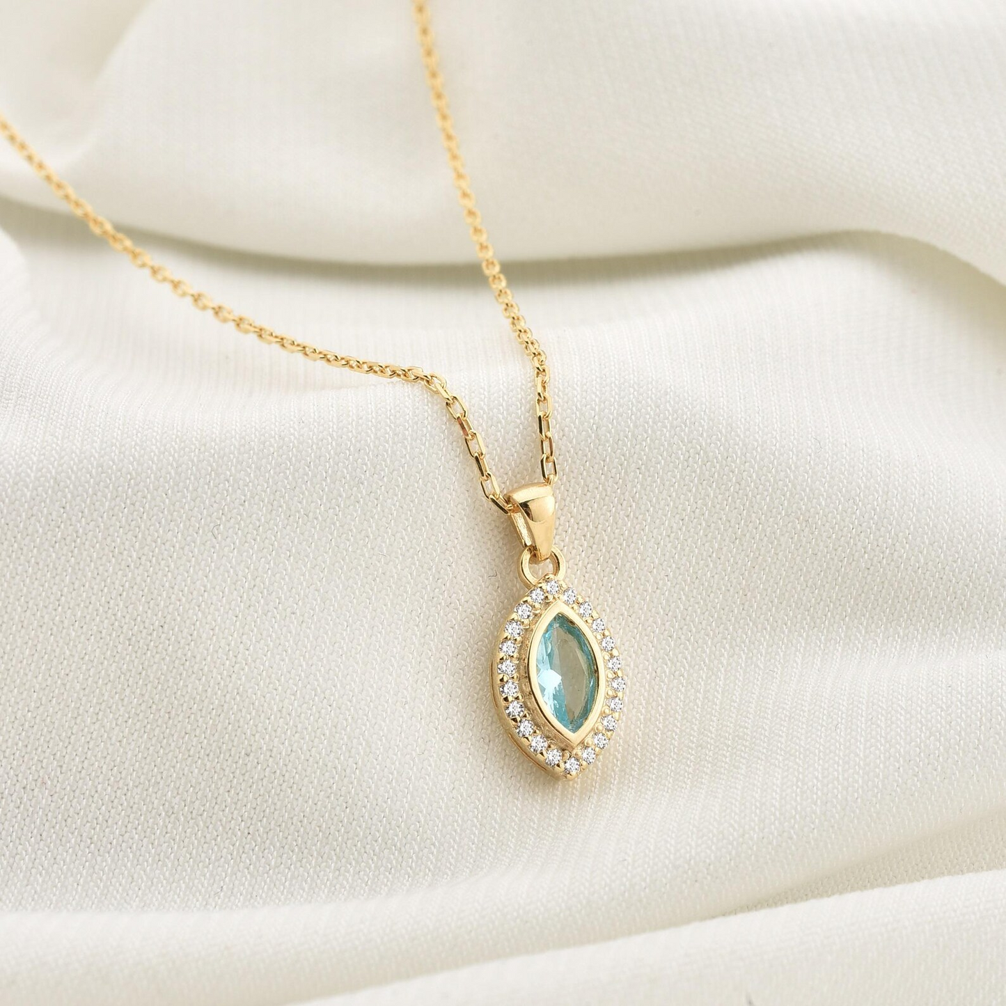 Aquamarine Bezel Marquise Necklace with Real Diamonds in 8K/10K/14K Solid Gold | March Birthstone Jewelry