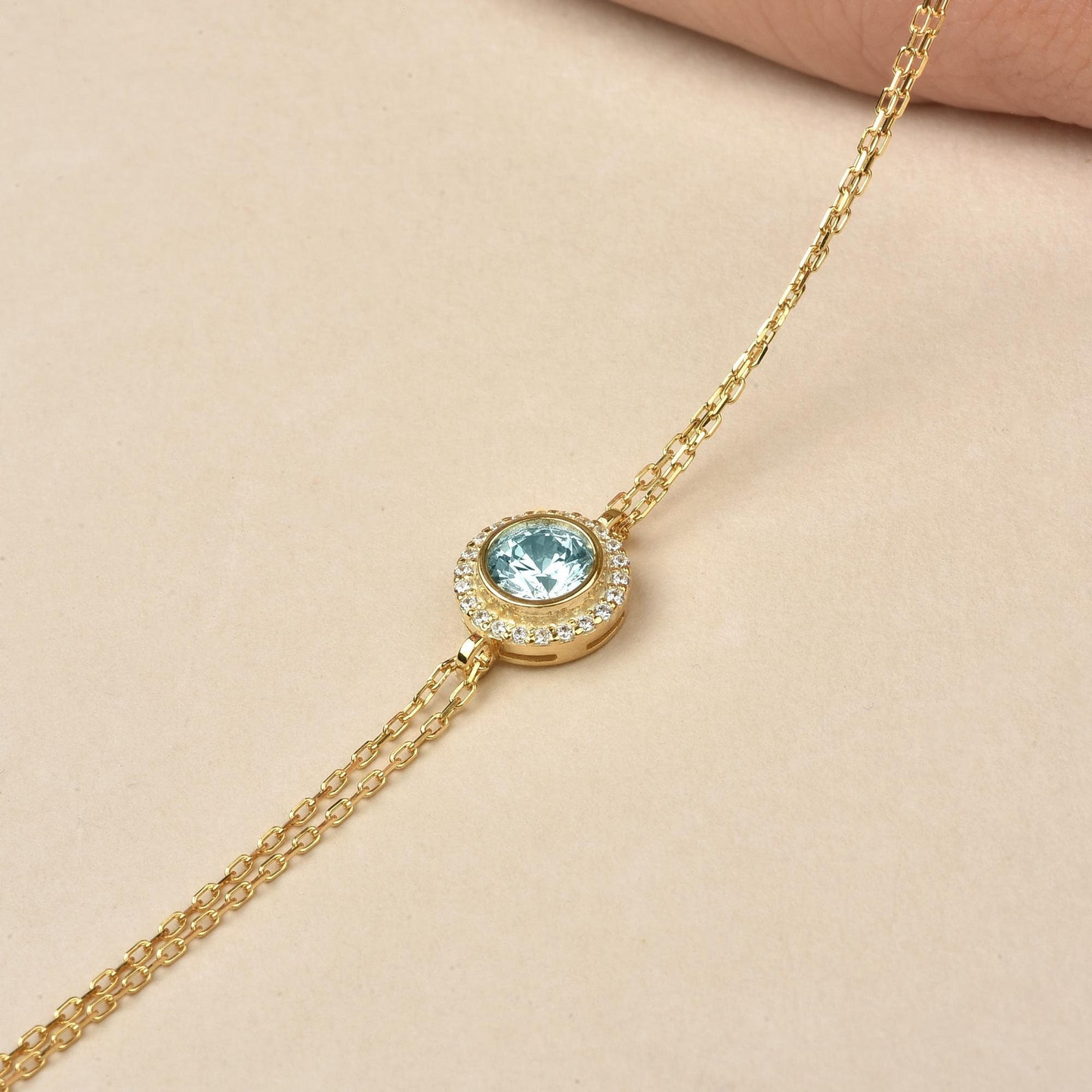 Aquamarine Round Bezel Bracelet in 8K/10K/14K Solid Gold with Real Diamonds, March Birthstone Jewelry
