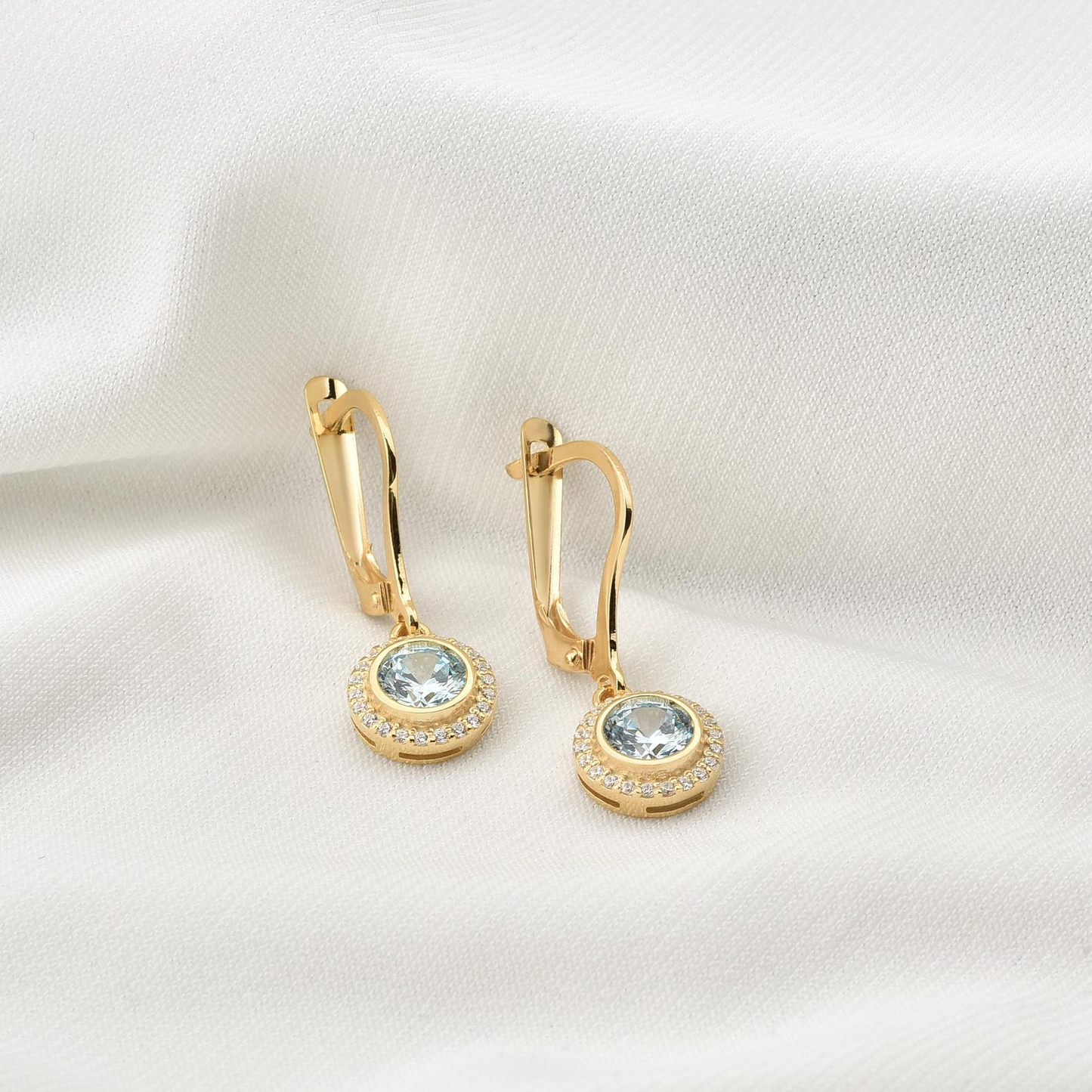 Aquamarine Round Bezel Dangle Earrings in 8K/10K/14K Solid Gold with Real Diamonds, March Birthstone Jewelry