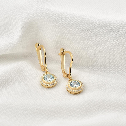 Aquamarine Round Bezel Dangle Earrings in 8K/10K/14K Solid Gold with Real Diamonds, March Birthstone Jewelry