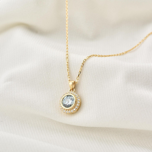 Aquamarine Round Bezel Necklace in 8K/10K/14K Solid Gold with Real Diamonds, March Birthstone Jewelry