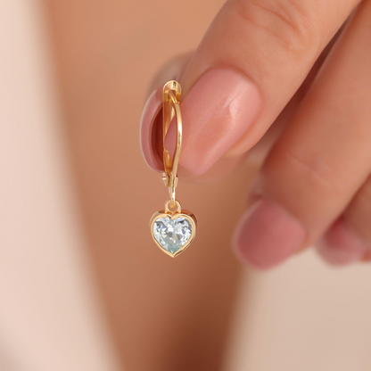 Aquamarine Heart Cut Bezel Dangle Earrings 14K Solid Gold, March Birthstone Jewelry