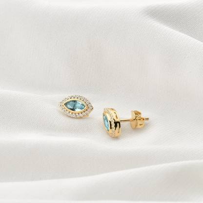 Aquamarine Bezel Marquise Stud Earrings with Real Diamonds in 8K/10K/14K Solid Gold | March Birthstone Jewelry
