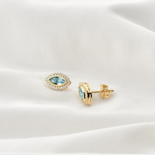 Aquamarine Bezel Marquise Stud Earrings with Real Diamonds in 8K/10K/14K Solid Gold | March Birthstone Jewelry